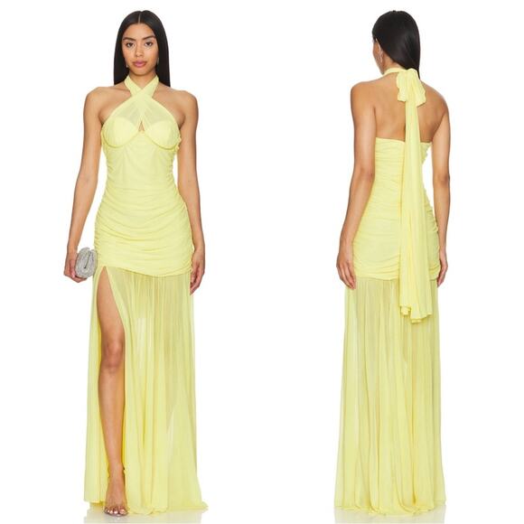 Retrofete Maisie Sheer Draped Ruched Chiffon Halterneck Yellow Maxi Dress Sz XS - Picture 1 of 14